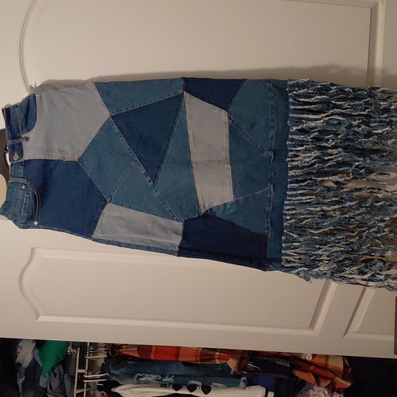AKIRA Blue Patchwork Maxi Skirt with Fringe - Picture 3 of 8